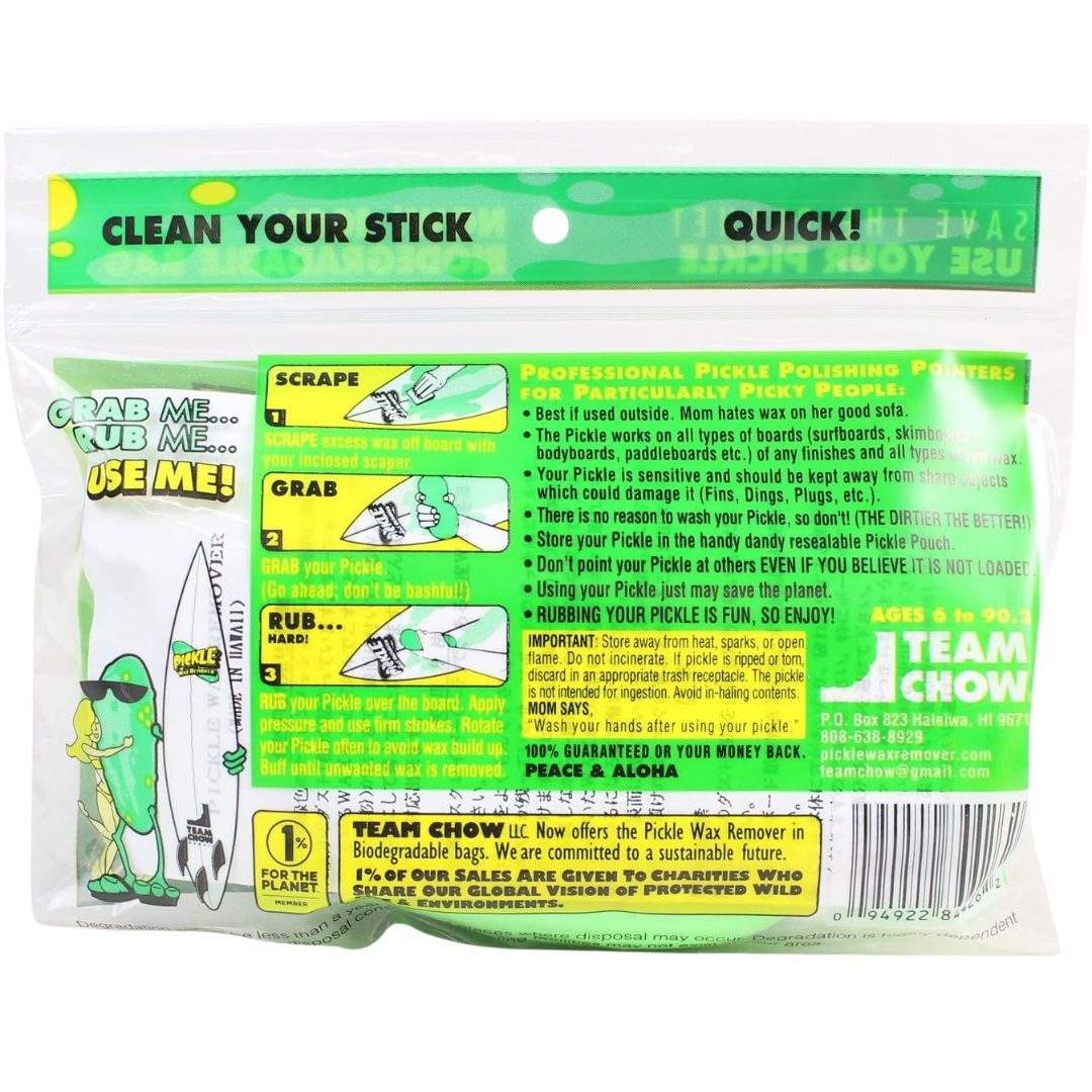 Instrucciones de uso del pepino mágico Pickle Wax Remover Team Chow: tres pasos ilustrados Scrape, Grab y Rub con consejos de uso y datos de Team Chow LLC Haleiwa Hawaii.