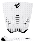 Grip de surf Creatures Mick Fanning Signature white black: 3 piezas blancas con patrón Square Loc LOC-LITE, cortes negros en talón y logo negro, Table Top Kick 28mm y sello EcoPure.