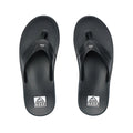 Vista superior chanclas Reef Fanning H2O negro con logo plateado y plantilla ergonómica antideslizante.