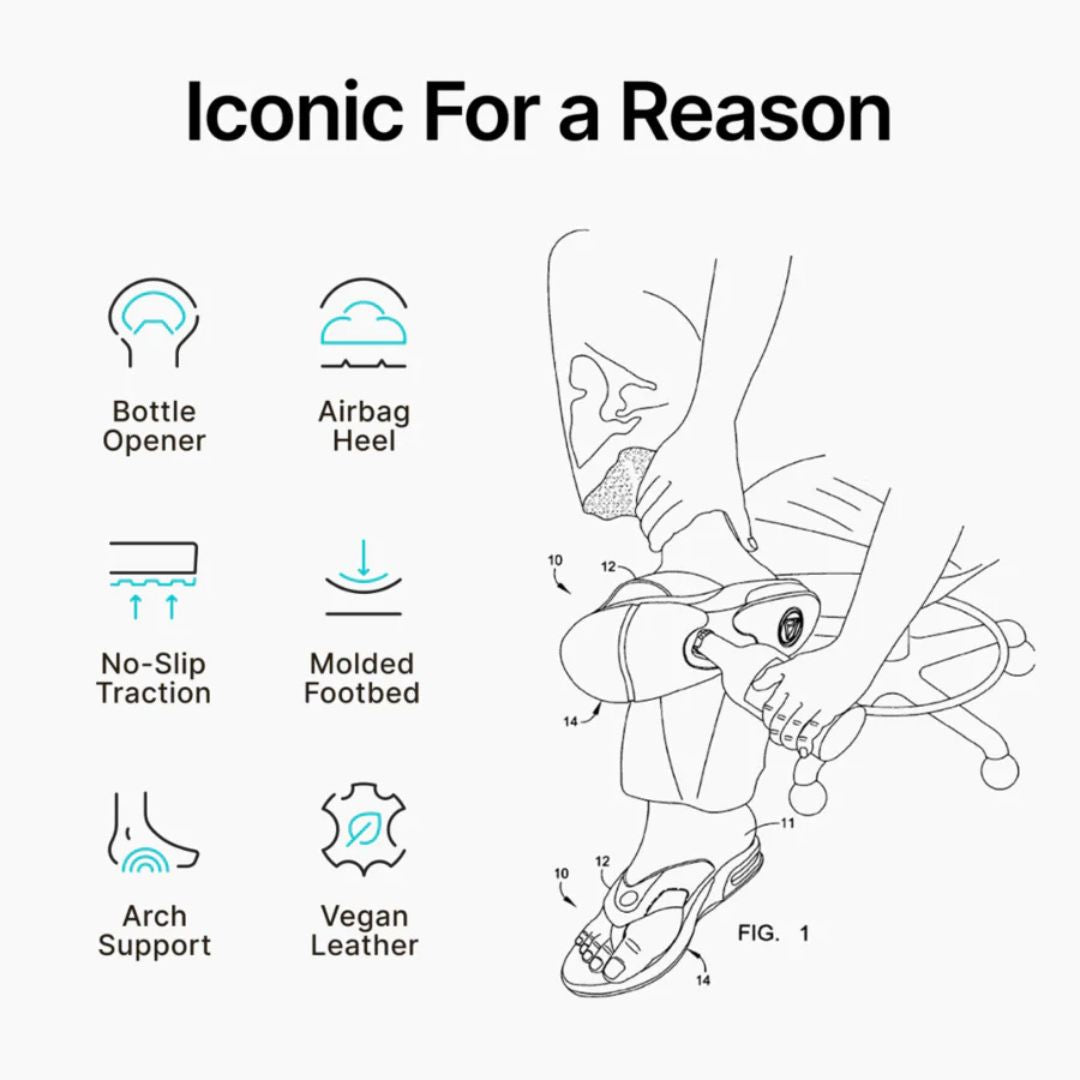 Esquema funcional de las chanclas REEF Fanning con iconos: abrebotellas, airbag, tracción, soporte y materiales veganos.