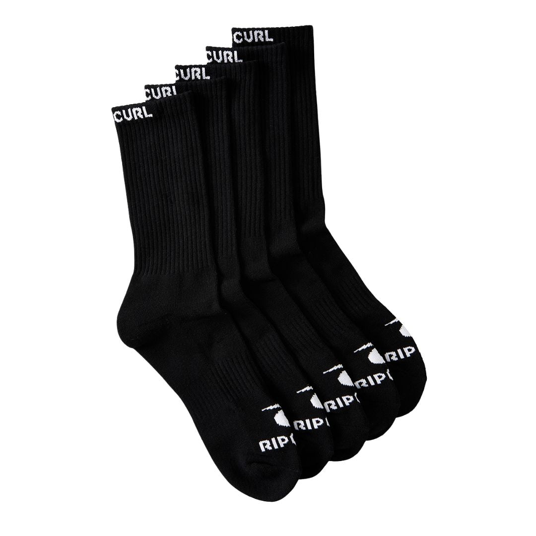 Pack de 5 calcetines altos Rip Curl Brand Crew Sock en negro, vista en escalera mostrando el puño con logo "Curl" tejido en blanco.