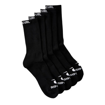 Pack de 5 calcetines altos Rip Curl Brand Crew Sock en negro, vista en escalera mostrando el puño con logo "Curl" tejido en blanco.