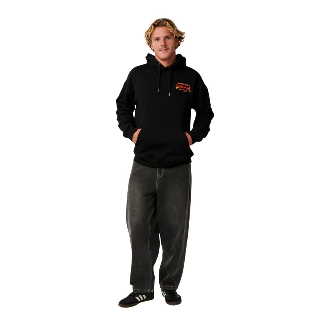 Rip Curl Bells Pro 26 Hoodie sudadera surf negra con bolsillo canguro vista frontal completa.