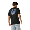 Camiseta Rip Curl Ice Break en negro lavado (Washed Black), vista trasera de cuerpo entero mostrando el estampado circular Wet Suits en la espalda y la caída del corte amplio.