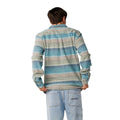 Espalda de la camisa Rip Curl Classic Surf Baja Flannel Dusty Jade, con canesú trasero liso y continuidad de las rayas jaspeadas en azul, topo y crema sobre algodón basket-weave grueso.