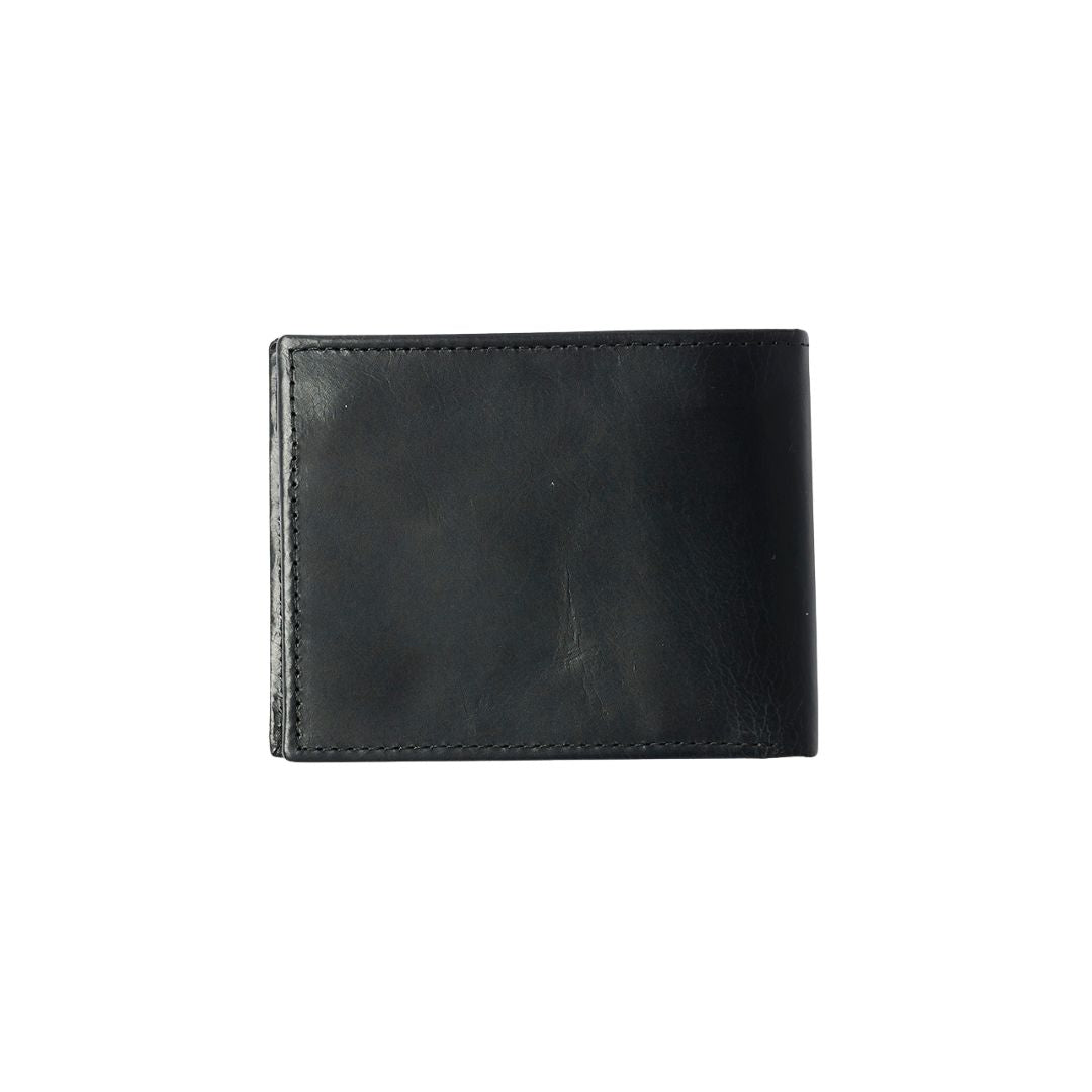 Vista trasera de la cartera Rip Curl Corpowatu RFID 2 en 1 en color negro, diseño liso y compacto.