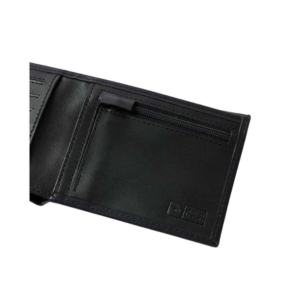 Detalle del bolsillo con cremallera y compartimento interior de la cartera Rip Curl Corpowatu RFID 2 en 1 negra.