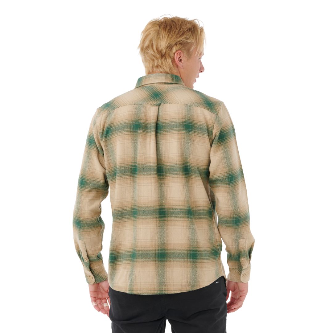 Camisa Rip Curl Count Flannel color khaki rock, vista trasera mostrando patrón de cuadros.