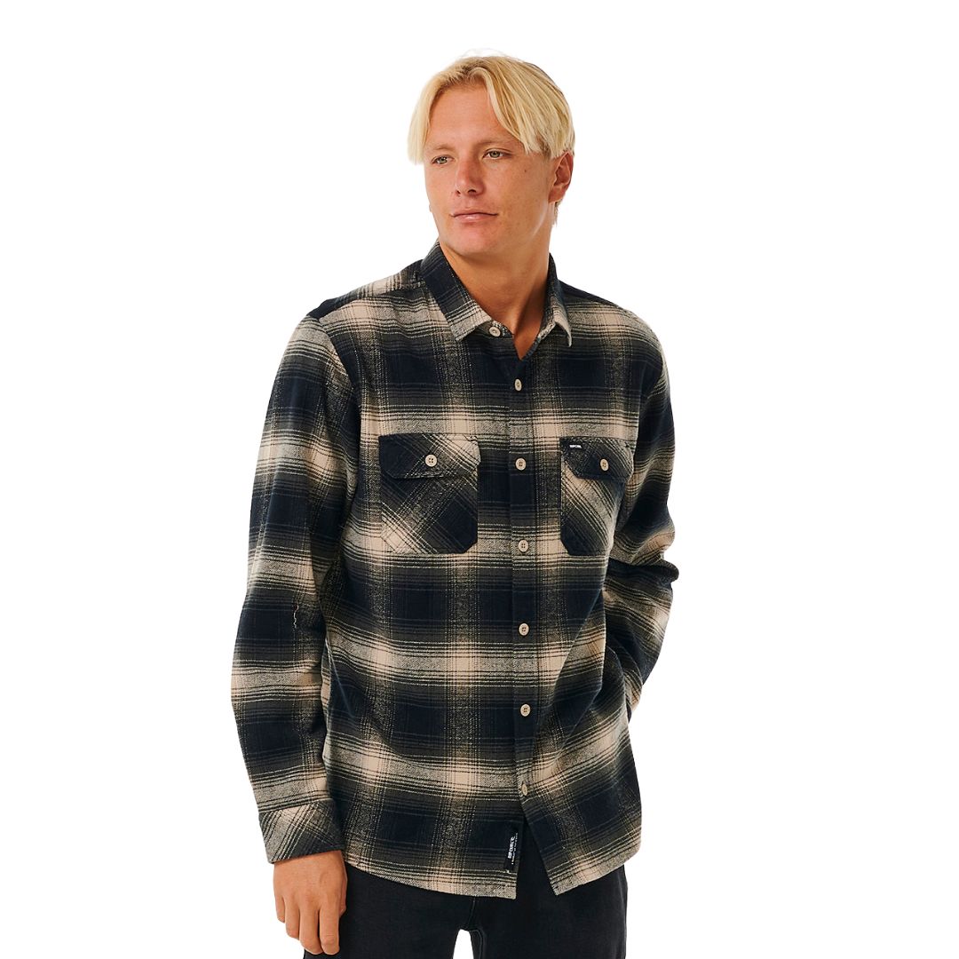Camisa Rip Curl Count Flannel Taupe para hombre - frontal, manga larga, patrón de cuadros.