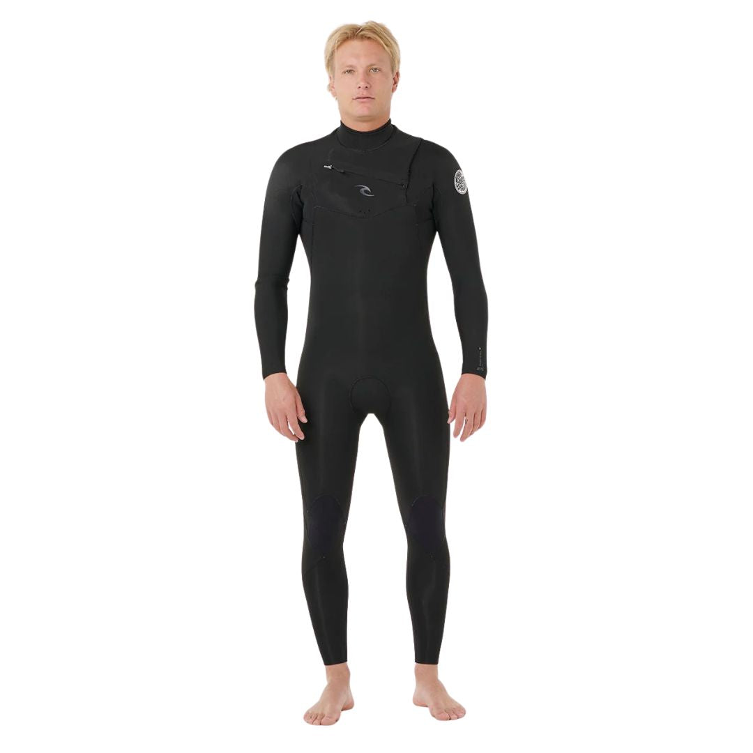 Traje neopreno surf hombre negro Rip Curl Dawn Patrol Pro 3/2 Chest Zip, vista frontal completa con cremallera pecho y logo circular en hombro.