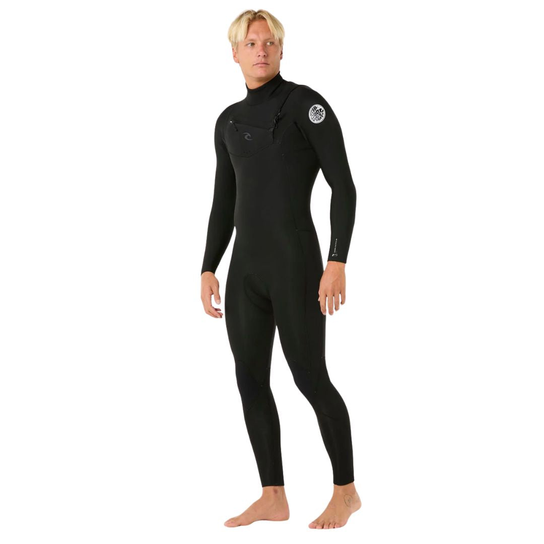 Traje neopreno surf hombre negro Rip Curl Dawn Patrol Pro Chest Zip 3/2, vista frontal lateral, cremallera pecho y logo circular en hombro