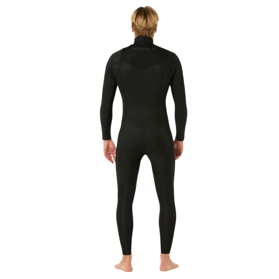 Neopreno surf negro Rip Curl Dawn Patrol Pro 3/2 Chest Zip, vista trasera completa con paneles ergonómicos en espalda y logo Rip Curl en cuello.