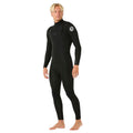 Traje de neopreno Rip Curl Dawn Patrol Pro Chest Zip 4/3 en negro, vista lateral de tres cuartos mostrando el ajuste general y la cremallera en el pecho.