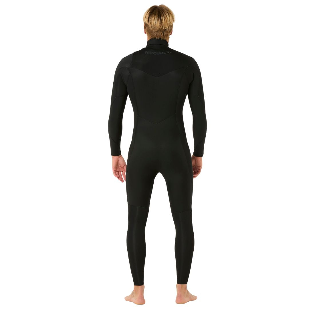Rip Curl Dawn Patrol Pro Chest Zip 4/3 negro, vista trasera completa del traje de neopreno hombre con el logo Rip Curl bordado en la parte alta de la espalda.