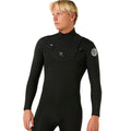 Traje de neopreno Rip Curl Dawn Patrol Pro Chest Zip 4/3 negro, vista de tres cuartos mostrando la cremallera del pecho y el parche circular Rip Curl Wetsuits.