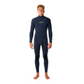 Rip Curl Dawn Patrol Pro Chest Zip 4/3 en color Navy, traje de neopreno hombre visto de frente completo, con cremallera en el pecho y logo Rip Curl en verde lima.