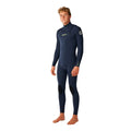 Rip Curl Dawn Patrol Pro Chest Zip 4/3 en color Navy, traje de neopreno hombre visto lateral completo, con cremallera en el pecho y logo Rip Curl en verde lima.