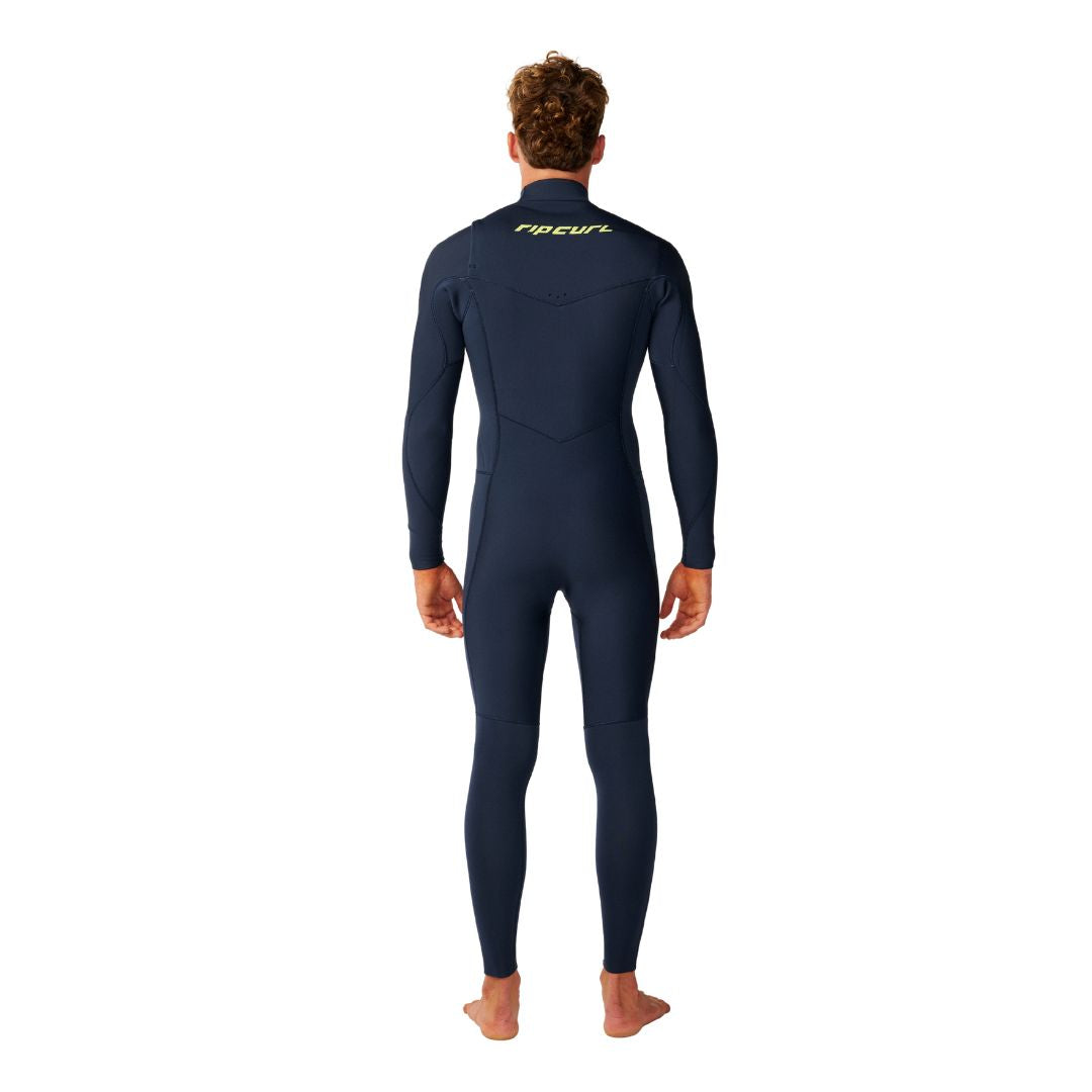 Traje de neopreno Rip Curl Dawn Patrol Pro Chest Zip 4/3 en Navy, primer plano de la espalda con el logo Rip Curl bordado en verde lima sobre el neopreno azul marino.
