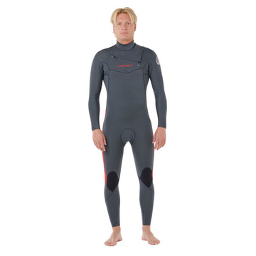 Rip Curl Dawn Patrol Pro Chest Zip 4/3 en color rojo, traje de neopreno hombre visto de frente completo, con el logo Rip Curl en rojo sobre base gris carbón.