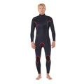 Forro interior del traje Rip Curl Dawn Patrol Pro Chest Zip 4/3, vista frontal de tres cuartos con el ribete rojo trazando las costuras del pecho y la pierna.