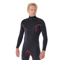 Forro interior del traje Rip Curl Dawn Patrol Pro Chest Zip 4/3, primer plano de la espalda con el ribete rojo trazando las costuras del hombro y el brazo.