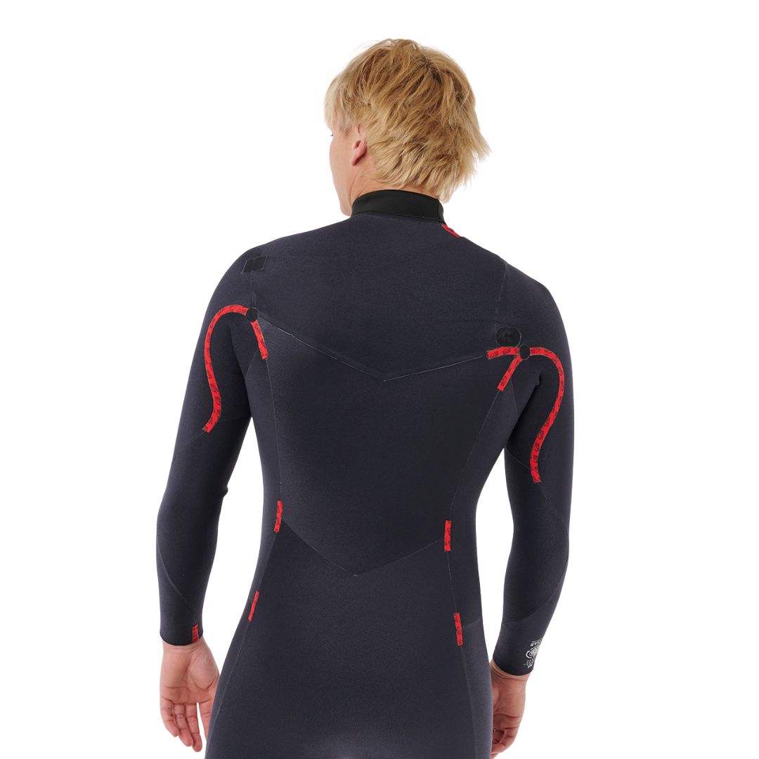 Forro interior del traje Rip Curl Dawn Patrol Pro Chest Zip 4/3, mostrado en negro con costuras y ribetes en rojo, vista trasera completa sobre el cuerpo.