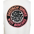 Detalle en primer plano del estampado trasero de la camiseta Rip Curl Destroy Series color Bone, logo circular Destroy Waves Not Beaches en la espalda.