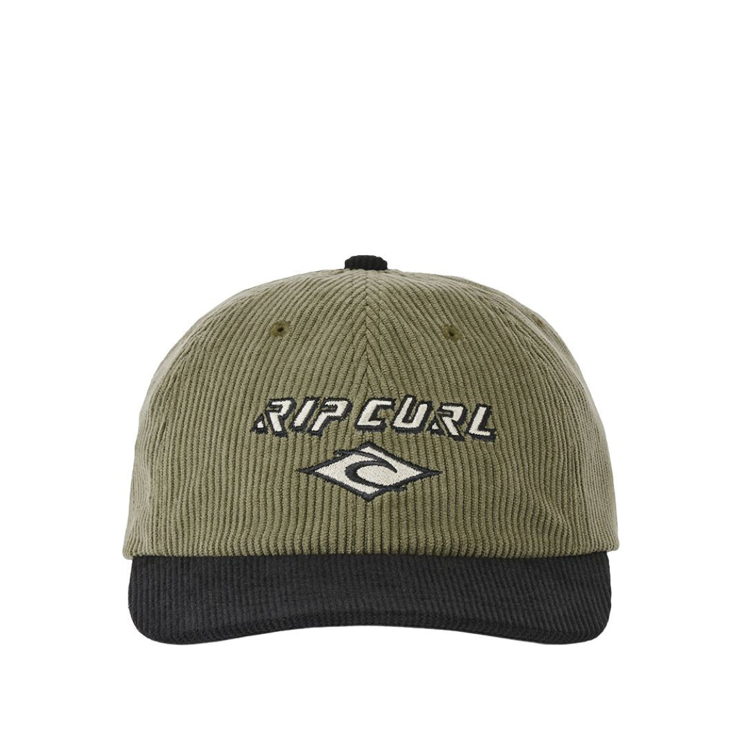 Rip Curl Diamond 2.0 Adj Cap en color sage, vista frontal centrada que muestra el logo bordado Rip Curl y el diamante Rippy en blanco sobre la corona de pana verde con visera negra a contraste.