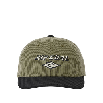 Rip Curl Diamond 2.0 Adj Cap en color sage, vista frontal centrada que muestra el logo bordado Rip Curl y el diamante Rippy en blanco sobre la corona de pana verde con visera negra a contraste.