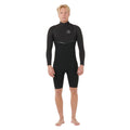 Traje de surf de primavera Rip Curl E-Bomb 2/2mm Zip Free negro, vista frontal: manga larga, pierna corta por encima de la rodilla, logo circular en pecho y línea en V en la cintura..