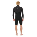Traje de surf de primavera Rip Curl E-Bomb 2/2mm Zip Free negro, vista trasera completa: manga larga, pierna corta, panel en V en cintura y logo Rip Curl Wetsuits en el cuello..