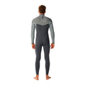 Traje de neopreno RIP CURL E-BOMB ZIP FREE 4/3 en Charcoal Grey, vista trasera completa con panel superior en gris claro jaspeado, torso en gris antracita y logotipo RIP CURL en la pantorrilla.