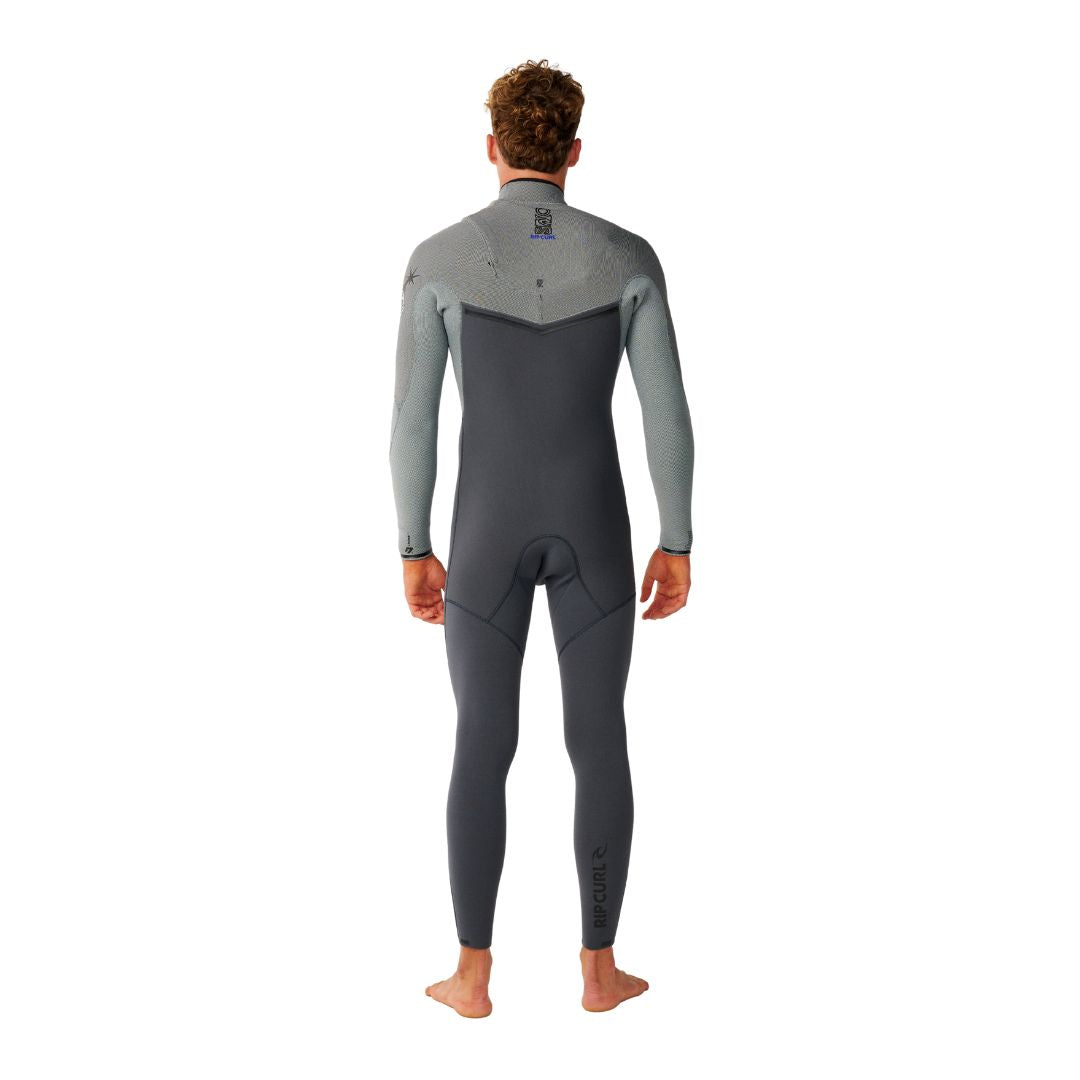 Traje de neopreno RIP CURL E-BOMB ZIP FREE 4/3 en Charcoal Grey, vista trasera completa con panel superior en gris claro jaspeado, torso en gris antracita y logotipo RIP CURL en la pantorrilla.