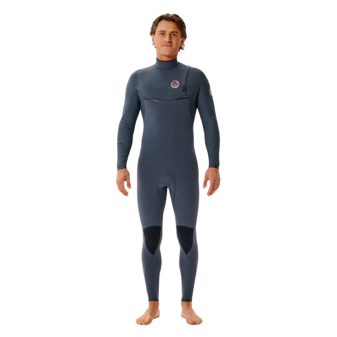 Traje neopreno surf hombre iron Rip Curl E-Bomb Zip Free 3/2, vista frontal completa, sistema zip free, logo Rip Curl Wetsuits y rodilleras negras.