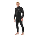 Neopreno surf hombre negro Rip Curl E-Bomb Zip Free 3/2, vista frontal lateral, sistema zip free, panel de malla E7 en pecho y rodilleras negras.