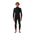 Traje de surf Rip Curl Elasto Zip Free 5/4 en negro, vista frontal completa sobre modelo, con logo circular Rip Curl Wetsuits en el pecho y detalle Elasto en la manga.