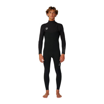 Traje de surf Rip Curl Elasto Zip Free 5/4 en negro, vista frontal completa sobre modelo, con logo circular Rip Curl Wetsuits en el pecho y detalle Elasto en la manga.