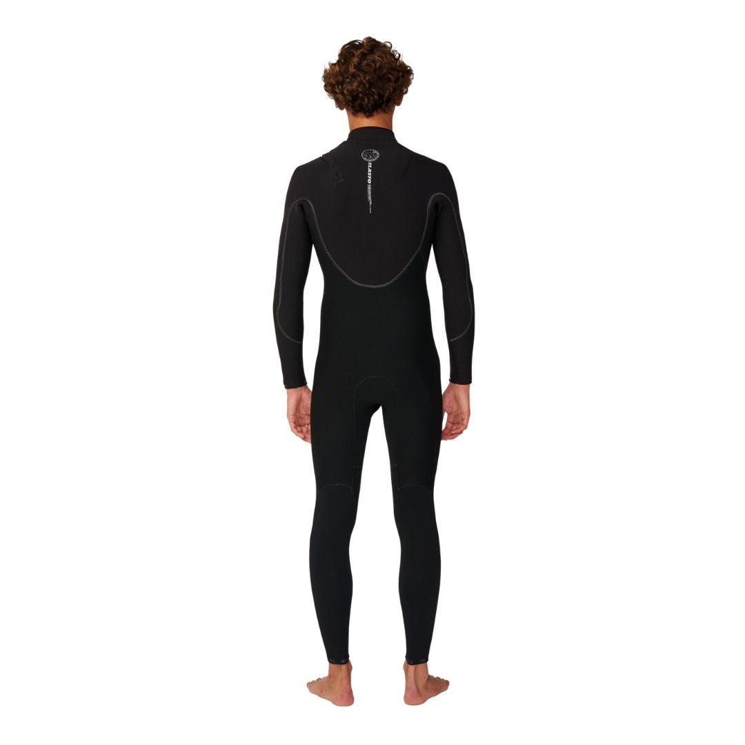 Rip Curl Elasto Zip Free 5/4 en negro, vista trasera completa, con logo Rip Curl Wetsuits y etiqueta Elasto impresa en la parte alta de la espalda.