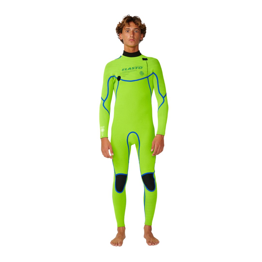 Detalle técnico del neopreno Elastomax del Rip Curl Elasto Zip Free 5/4 visto del revés, mostrando la estructura interior de estiramiento ilimitado, vista frontal.