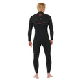 Rip Curl F-Bomb Fusion Chest Zip 4/3 negro, vista trasera completa del traje de neopreno hombre con la costura Fusion Dry Seam en rojo y el logo Rip Curl.