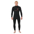 Rip Curl F-Bomb Fusion Chest Zip Hood 4/3 en negro, traje de neopreno hombre visto de frente completo, con capucha bajada y cremallera diagonal en el pecho.
