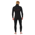 Rip Curl F-Bomb Fusion Chest Zip Hood 4/3 negro, vista trasera completa mostrando la capucha bajada y el texto Fusion Dry Seam en rojo sobre la espalda.