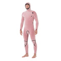 Forro interior del traje Rip Curl F-Bomb Fusion Chest Zip Hood 4/3, mostrado en tono rosa afelpado con capucha, vista frontal con los brazos a los lados.
