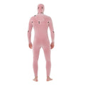 Forro interior del traje Rip Curl F-Bomb Fusion Chest Zip Hood 4/3, mostrado en tono rosa afelpado con capucha, vista trasera completa sobre el cuerpo.