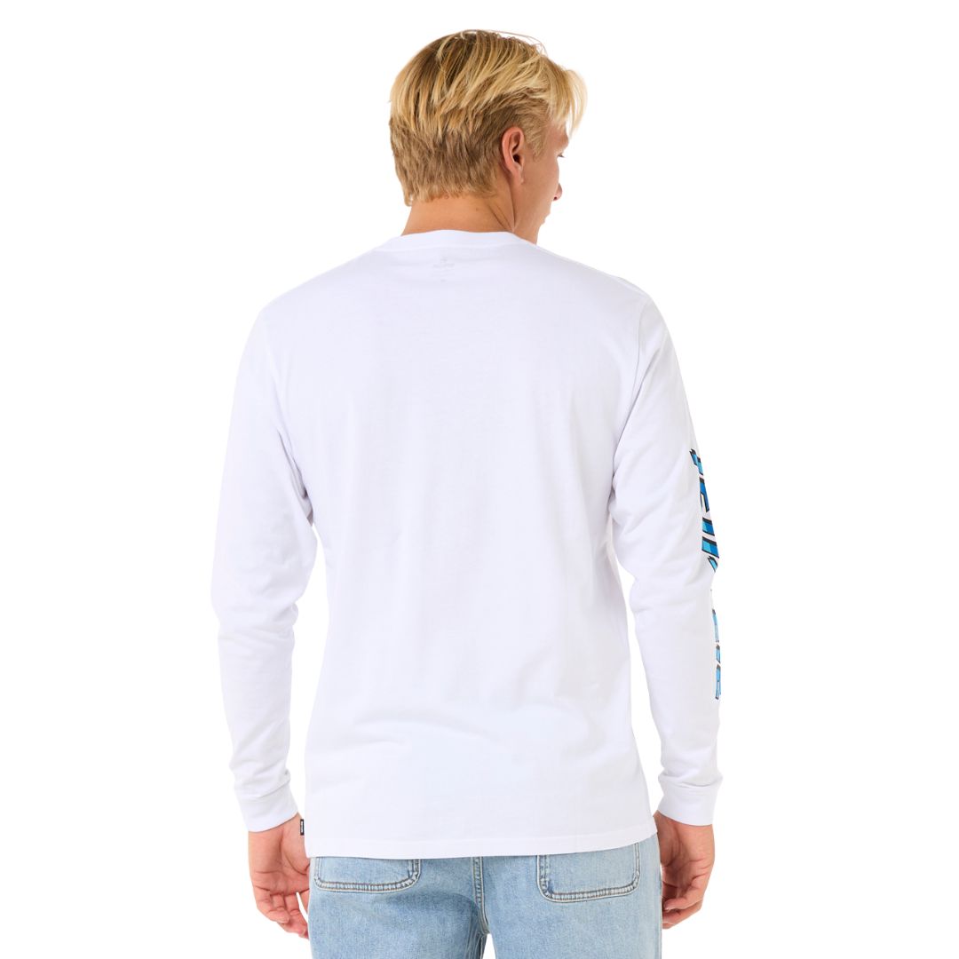 Camiseta blanca Rip Curl Fade Out Icon de manga larga, vista trasera completa.