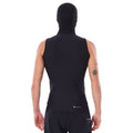 Vista trasera del Rip Curl Flashbomb Polypro Hooded Vest en negro con capucha puesta, mostrando etiqueta E6 Flash·Lining en la espalda baja y construcción de cuerpo polipro 0,5 mm.