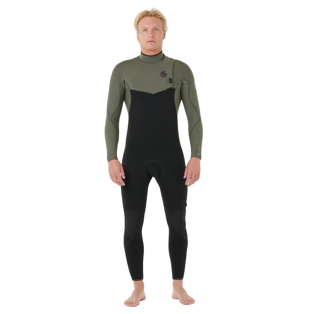 Vista frontal del traje de neopreno Rip Curl Flashbomb Pro Zip Free 4/3 2026 en color Deep Cactus, con sistema sin cremallera y paneles ergonómicos.