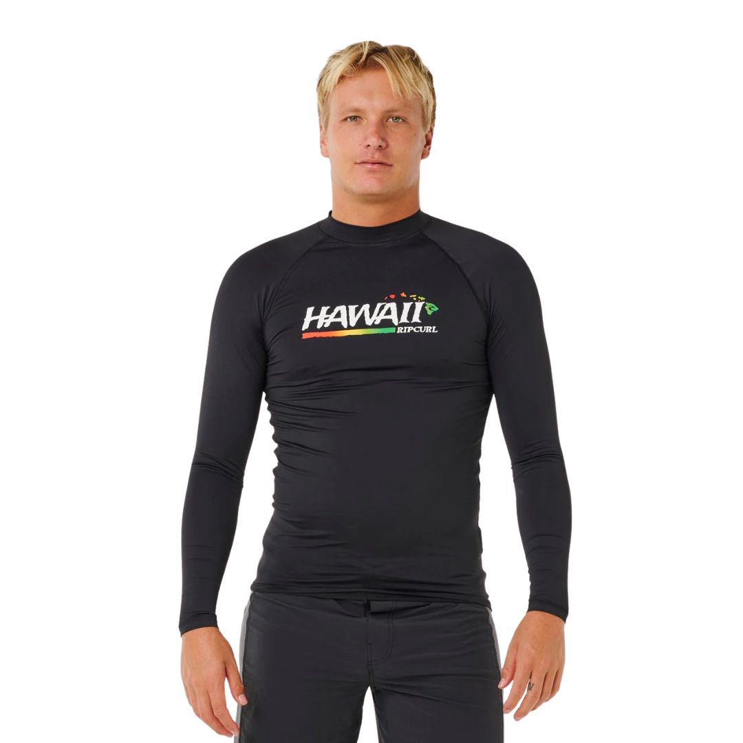Rip Curl Hawaii Gritty UPF Performance L/S rashguard manga larga Black vista frontal completa protección UV UPF50.