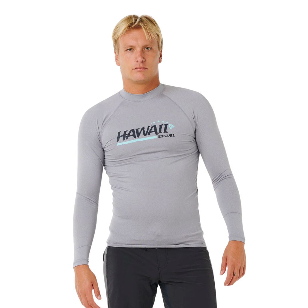 Rip Curl Hawaii Gritty UPF Performance L/S rashguard manga larga Grey Marle vista frontal completa protección UV UPF50.