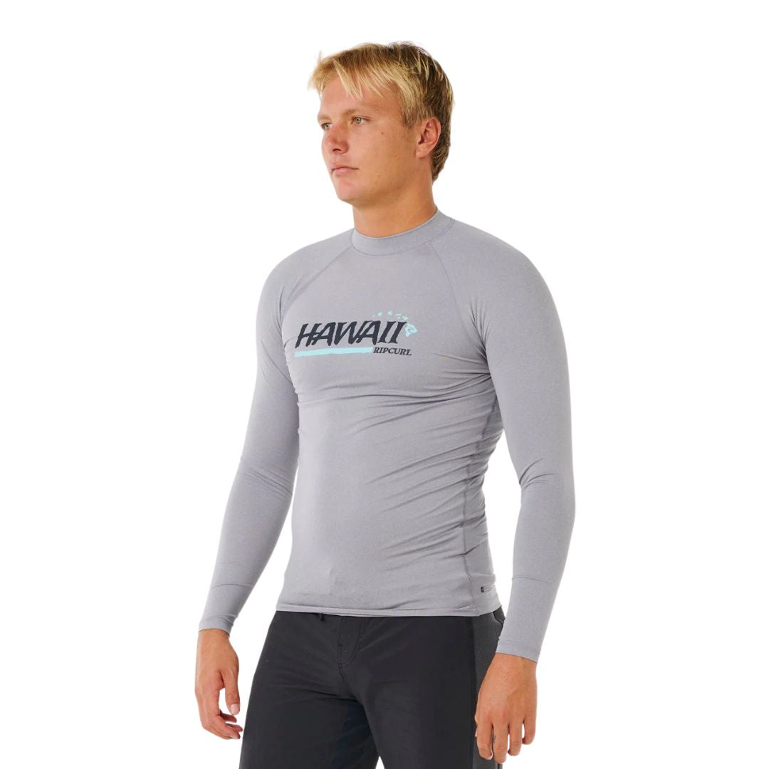 Rip Curl Hawaii Gritty UPF Performance L/S camiseta técnica surf Grey Marle vista lateral ajuste ceñido costuras flatlock.